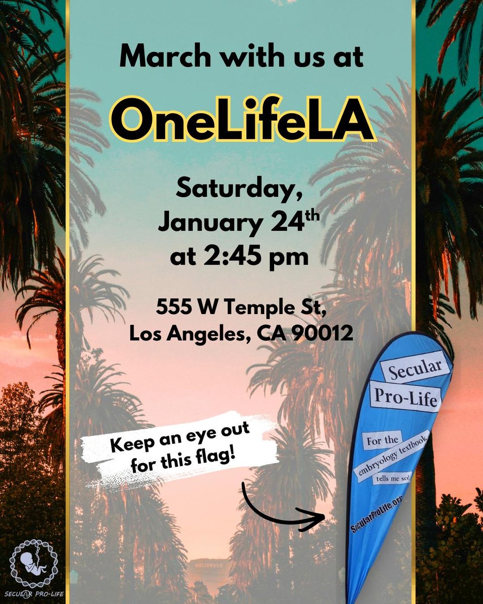 secularprolife's tweet photo. Los Angeles is one of the most pro-choice cities in the country. Rain or shine, march with Secular Pro-Life this Saturday at #OneLifeLA. 

Find our blue flag as we march through the streets and remind everyone where human rights begin! https://t.co/MoLAcm9Tu2