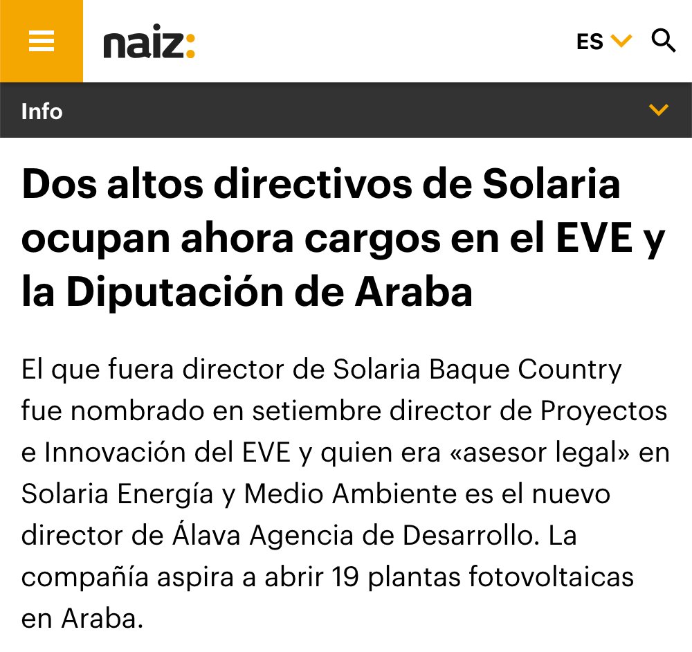 Eskandalua da Solariako zuzendariek EAJren eskutik kargu publikoak izatea.

Ate birakariek handitu egiten dute erakundeak interes jakinen mesedetan aritzen direnaren irudipena, are gehiago berriztagarrien proiektuak kontrolik gabe ezartzen ari direnean.

ehbildu.eus/albisteak/eh-b…
