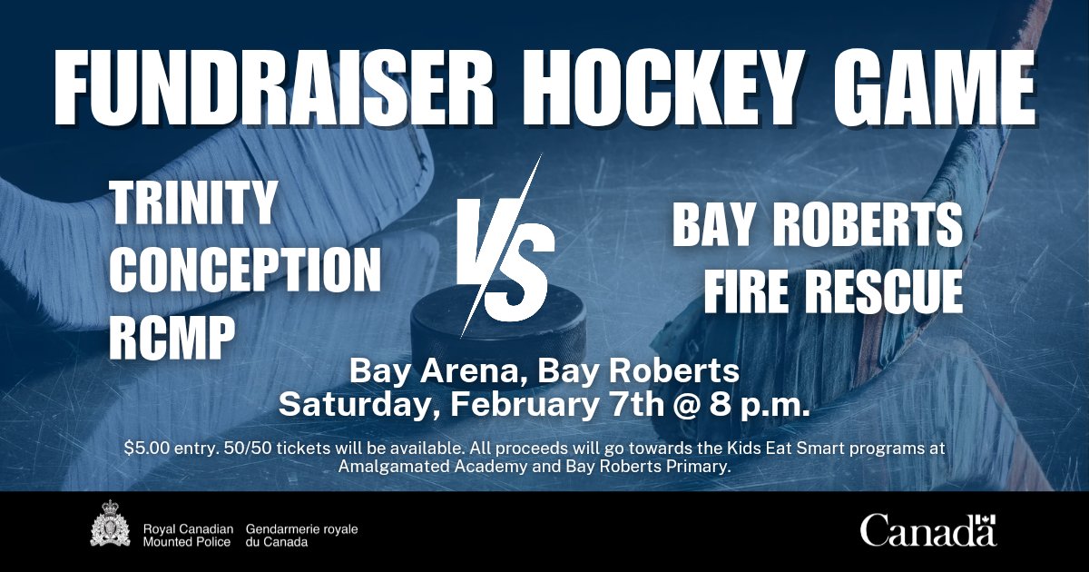 Enjoy an action-packed game for a good cause! On Saturday, February 7th, Bay Roberts Fire Rescue and Trinity Conception RCMP will go head-to-head in a fundraiser game in support of Kids Eat Smart programs at Amalgamated Academy and Bay Roberts Primary. See you at the rink! 🏒