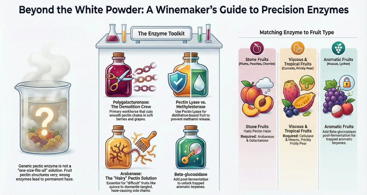 The haze that won't clear, the must that won't press, the yield that disappoints, often not "difficult fruit."
Wrong enzyme.
New article published: Which molecular scissors actually work on which fruits? 
open.substack.com/pub/fruitwine/…
#fruitwine #winemaking #winemakingtips