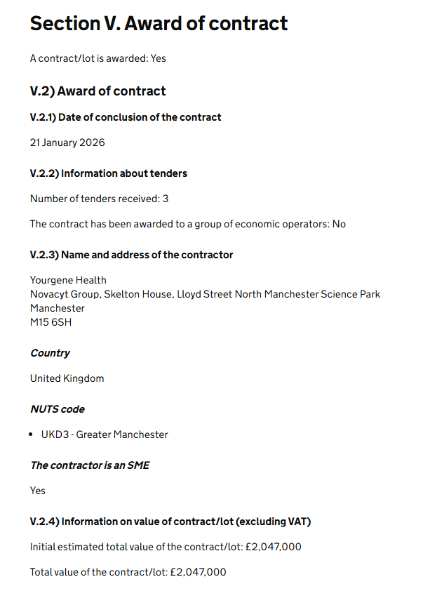 <a href="/Yourgene_Health/">Yourgene Health</a> <a href="/geshNHS/">St George's, Epsom and St Helier</a> <a href="/NHSuk/">NHS</a> <a href="/NovacytGroup/">Novacyt</a> <a href="/GreatOrmondSt/">Great Ormond Street Hospital for Children</a> <a href="/NorthThamesGMS/">North Thames Genomic Medicine Service</a> <a href="/NHSgms/">NHS Genomic Medicine Service</a> <a href="/Yourgene_Health/">Yourgene Health</a> winning <a href="/geshNHS/">St George's, Epsom and St Helier</a> <a href="/NHSuk/">NHS</a> contracts for #nipt . £2m plus contract deemed not material enough to inform shareholders. #novacyt #ncyt #alnov link below 
find-tender.service.gov.uk/Notice/005363-…