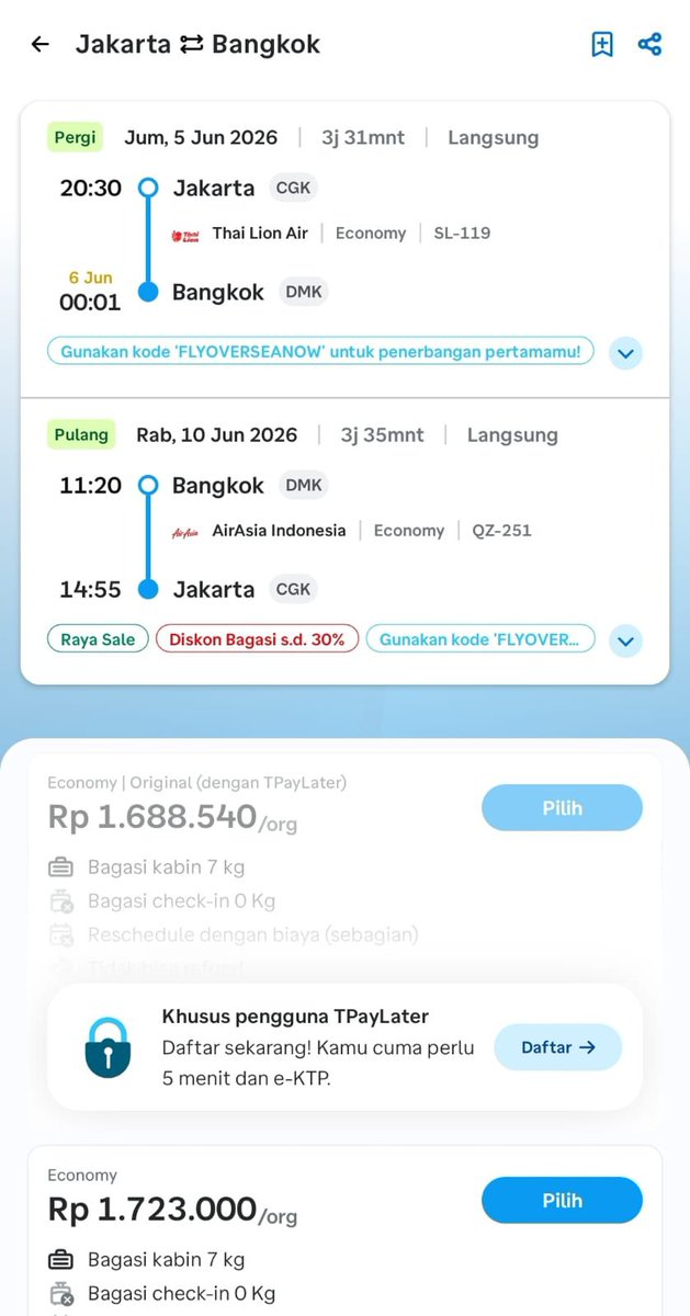 info guys buat libur pertengahan tahun🫷 JKT - BKK no transit alias terbang langsung! PP di harga 1,7jt, ada diskon bagasi juga pulangnya naik AirAsia.
buat cek rute lainnya langsung ke traveloka, ada Ramadan FULL Promo sampe tanggal 10 Feb.