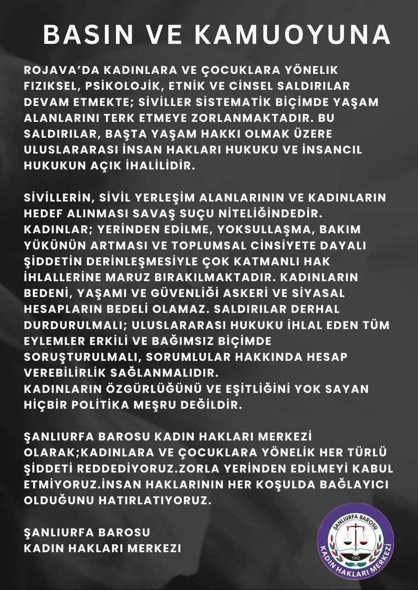 Rojava'da kadın ve çocuklara yönelik çok katmanlı hak ihlallerine, yerinden edilmelere ve şiddete karşı ses çıkarıyoruz. İnsan hakları ve uluslararası hukuk her koşulda uygulanmalı, failler hesap vermelidir.