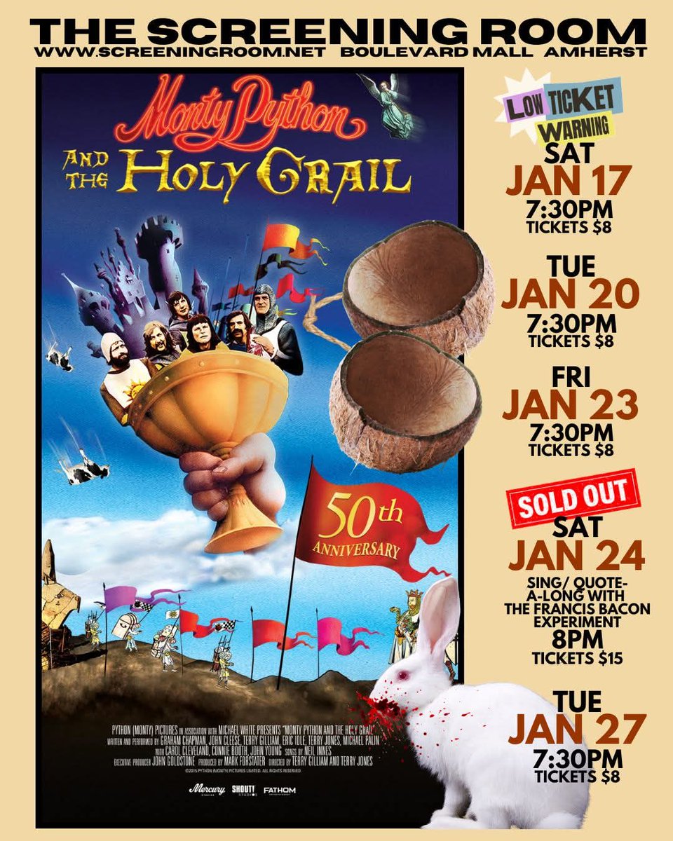 Monty Python and the Holy Grail on the big screen!  For full schedule and advance tickets go to screeningroom.net  (716) 837-0376