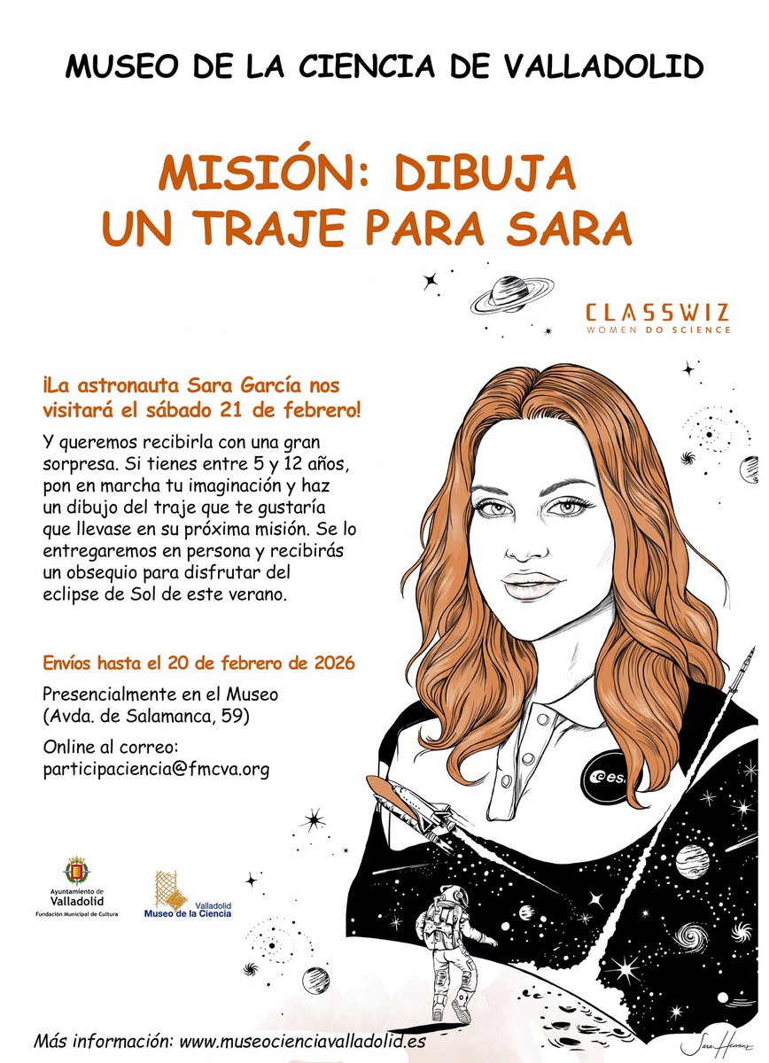 La astronauta Sara García nos visitará el 21/02! Y la recibiremos con una gran sorpresa. Si tienes entre 5 y 12 años, pon en marcha tu imaginación y haz un dibujo del traje que te gustaría que llevase en su próxima misión. ¡Se lo entregaremos en persona y recibirás un obsequio!