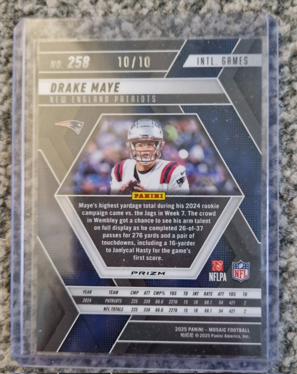 NFLRap's tweet image. 🚨 DRAKE MAYE 10/10 HAS ARRIVED! 🚨
​If you’re looking for a sign that Drake Maye is the "Chosen One," this is it. Check out this absolute 10/10 short-print from the 2025 Panini Mosaic "International Games" set—matching the jersey number of the man himself! 🏈🔟
​This beauty…