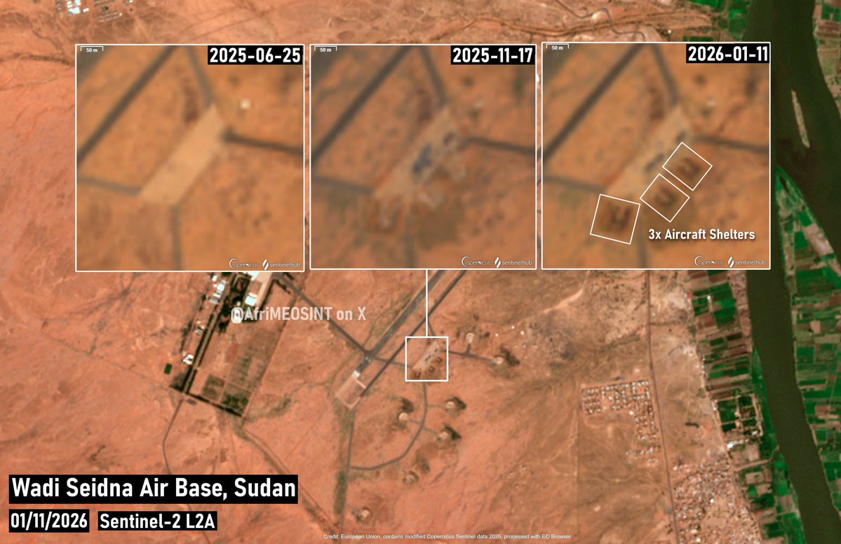 AfriMEOSINT's tweet image. NEW | Satellite imagery indicates that the Sudanese Armed Forces (SAF) are expanding Wadi Sayydina Air Base in northwest Khartoum 🇸🇩, with three new hardened aircraft shelters under construction. It remains unclear whether these will be intended for drones or other platforms.