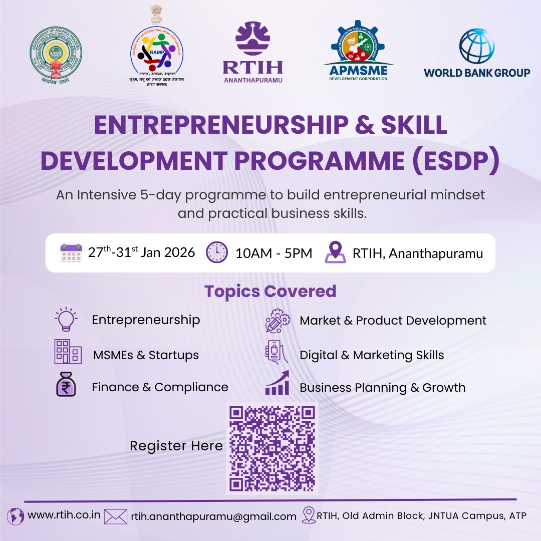 RTIH_AP's tweet photo. Looking to build strong business skills? 🚀

RTIH Ananthapuramu presents a 5-day ESDP with APMSME & World Bank Group.

📅 27–31 Jan 2026
📍 RTIH, Ananthapuramu
Entrepreneurship | MSMEs | Marketing | Finance | Growth
🔗 Register now via QR code

#RTIH #ESDP #Entrepreneurship #SkillDevelopment #MSMEs