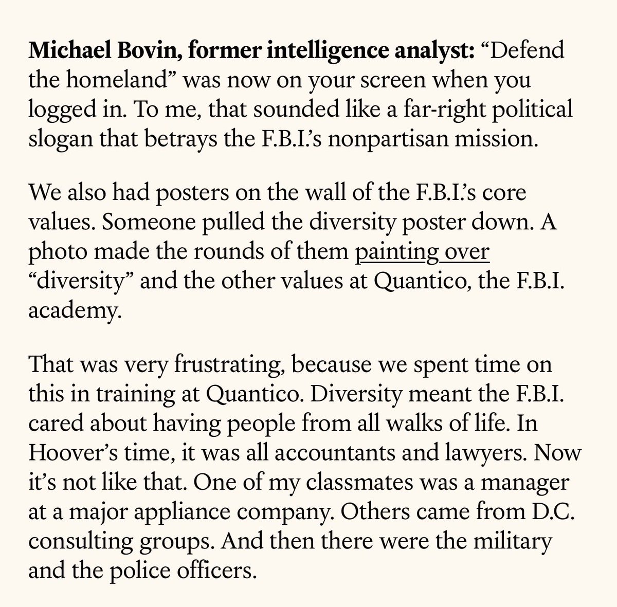 dbongino's tweet photo. I try not to post NY Times’ tabloid trash often. But you’ve got to take a minute to read this excerpt from their latest cope session with former employees we removed, or who left when we cleaned the place out. 

This former employee is upset that Kash and I prioritized defending the Homeland. I’m not kidding, read it yourself. He’s also upset that we prioritized merit while scrapping absurd DEI initiatives. 

THIS is the mess we were dealing with when we entered on duty. It’s why we made massive personnel changes, and nearly ten percent of the workforce turned over in a year. Once we got rid of the dead wood and refocused, you can see the results in the accompanying picture.