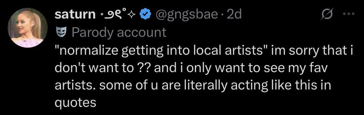 lebasl1's tweet photo. Cause of Ticketmaster, local shows are one of the only ways to fight back to make it less expensive.

Scared you might find a new fav not spoon fed to you by an algorithm?

This is either a smooth brain, live in a local music desert, or a rage bait and I honestly can’t tell. https://t.co/i4vhnltr9T