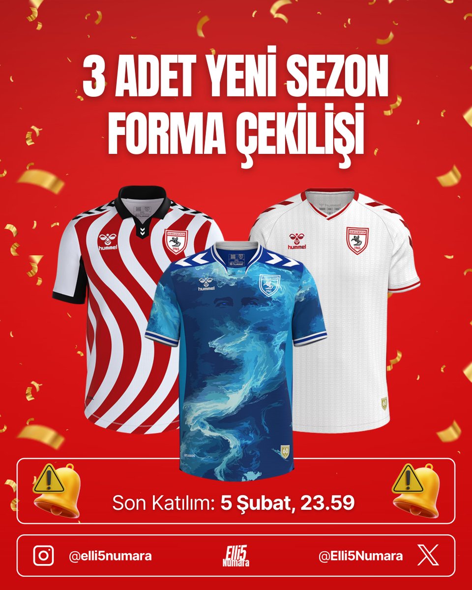 🎁 3 ADET YENİ SEZON FORMA ÇEKİLİŞİ 🎁

✅ <a href="/Elli5Numara/">Elli5Numara 🔴⚪⚫</a> Twitter (X) hesabını takip et.
✅ @elli5numara Instagram hesabını takip et.
🔗 instagram.com/elli5numara
✅ Bu gönderiye 3 arkadaşını etiketle, beğen ve RT yap. 

🚨 Son Katılım: 5 Şubat, 23.59 
📢 Açıklanma: 6 Şubat

☘️ Bol