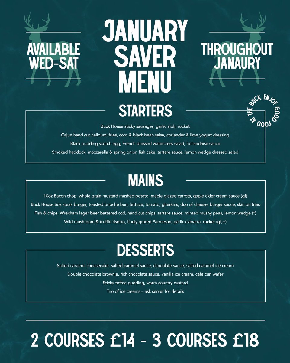 🦌 JANUARY SAVER MENU 🦌

Beat the January blues with incredible value at The Buck! 

2️⃣ courses £14 | 3️⃣ courses £18

Quality dining without breaking the bank 💚

BOOK NOW