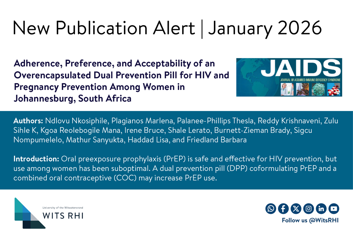 WitsRHI's tweet photo. 📢 New @WitsRHI study published in #JAIDS explores women’s preferences &amp; adherence to a dual prevention pill for #HIV &amp; pregnancy prevention in Johannesburg. Key takeaway: choice matters https://t.co/23k8NXwA0G
#WitsRHI #HIVPrevention #PreventionResearch #DualProtection https://t.co/ktDh2wokMM