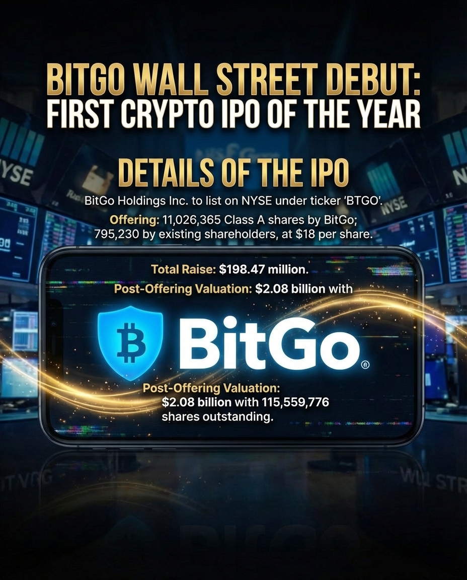 🚨 CRYPTO IPO ALERT 🚨 BitGo is officially hitting Wall Street this  Thursday, becoming the first cryptocurrency company to IPO in 2026. The  crypto custodian will trade on the NYSE under $BTGO,