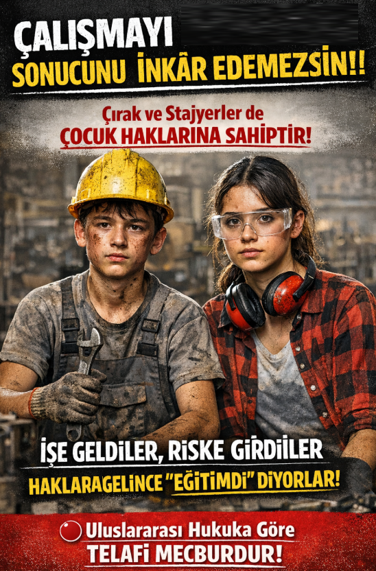 📜   Stajyer ve Çırak Mağduriyetinin Çözümü İçin Alternatif Uluslararası  Hukuk Telafi Yolu

Stajyer ve çıraklar çalışmıştır.
Üretime katılmış, işyerinde bulunmuş, iş kazası riskini taşımıştır.
Bu gerçek, devlet tarafından da artık kabul edilmelidir.

Uluslararası hukuka göre;