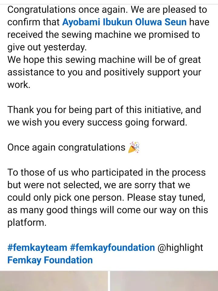 FemkayF's tweet photo. As promised, we gave the sewing machine to MR AYOBAMI IBUKUN OLUWASEUN!

Amongst all the bidders, Ayobami was able to prove that he really did deserve the sewing machine.

He's a Lagos fashion designer who has been borrowing his friend's machine, but that has ended 💯❤️ https://t.co/tKIIMKIJHf