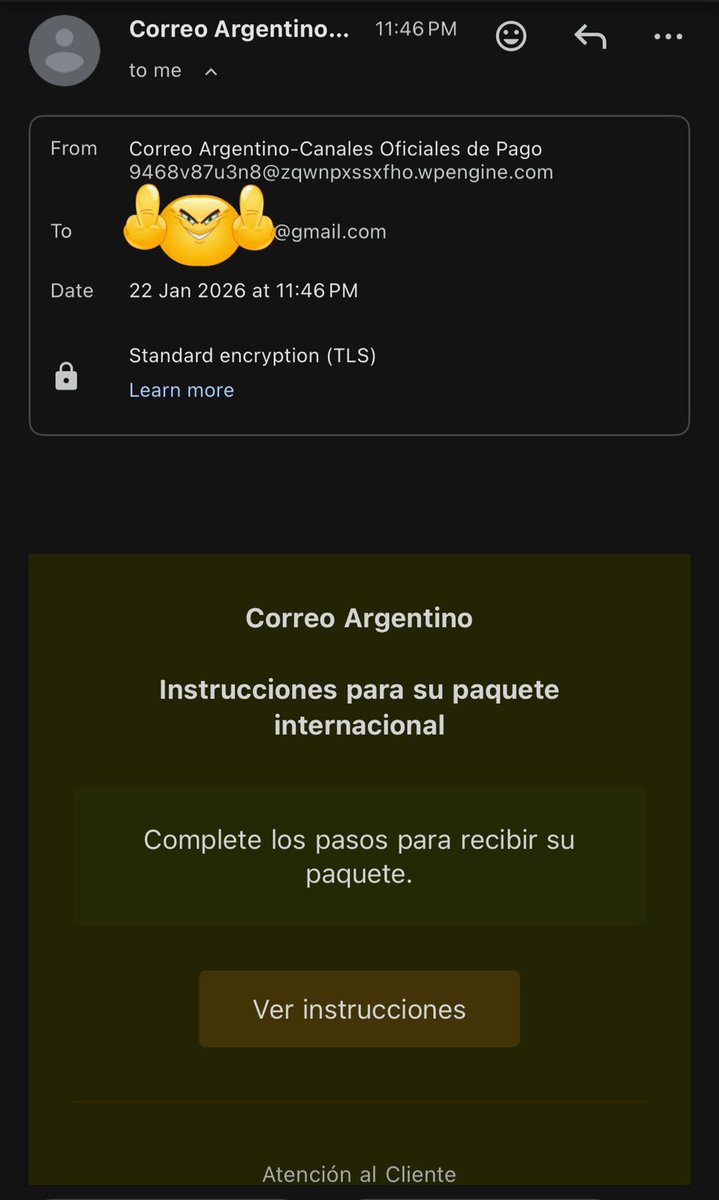 pedriesain's tweet photo. El phishing más berreta que vi en mi vida:
mail trucho, sin tracker, sin logo de correo argentino.
así no hackean a nadie. https://t.co/32RH6ie3WR