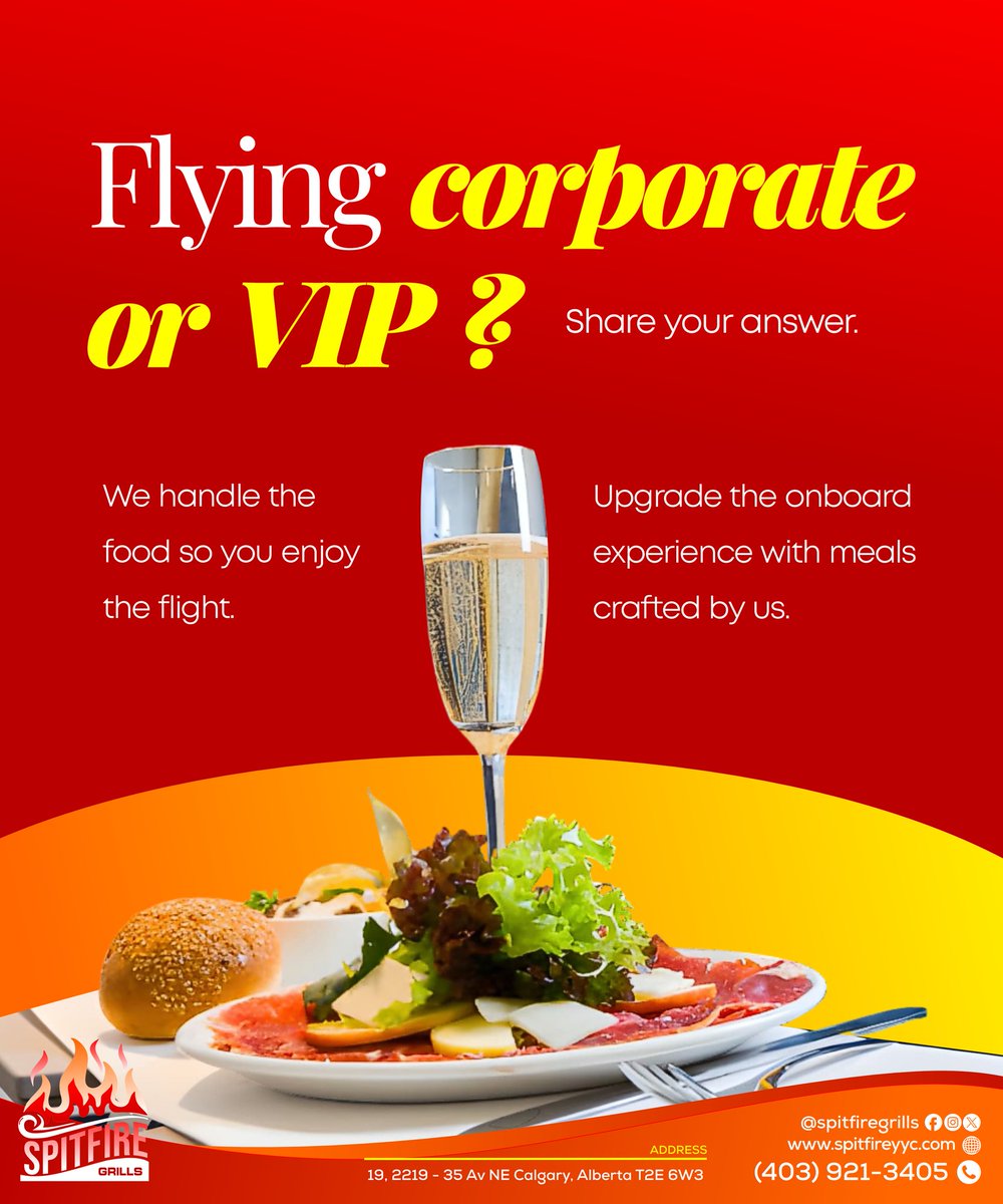 spitfiregrills's tweet image. Flying corporate or VIP?

Great inflight catering makes the difference.

At Spitfire Grills, we handle onboard meals so you enjoy a seamless flight experience; from takeoff to landing.

📞 (403) 921-3405 
🌐 spitfireyyc.com

#InflightCatering #CorporateAviation #VIPFlight