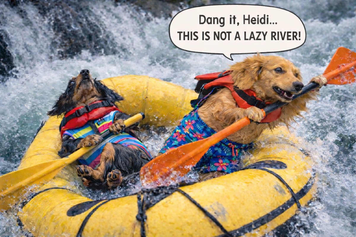 dexterluvsheidi's tweet image. Ruff day 23 of Heidi and Dexter’s greatest adventures! #Floating #Raft #Rapids #AIFun #DachshundLove
