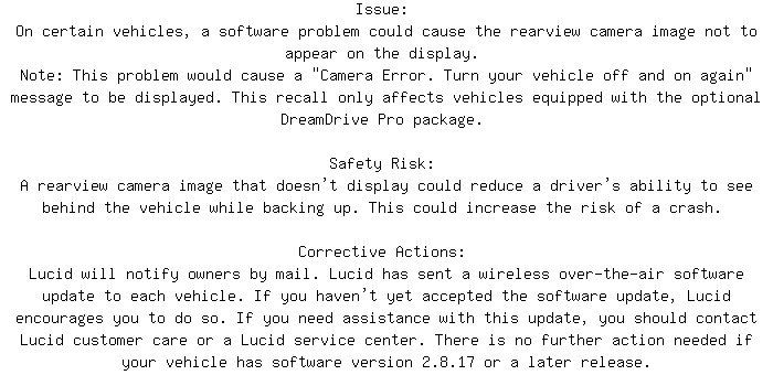 CanadianRecalls's tweet image. Safety Recall for 2022 LUCID AIR Visual System. Approx. 48 units affected.