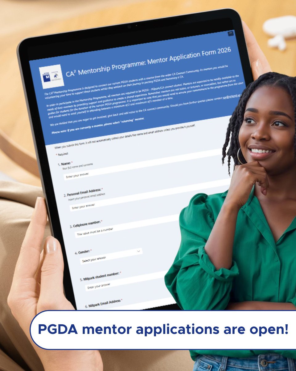 Empower future CAs through mentorship!

👉 Turn your journey into someone else's success story.

Apply now (deadline: Feb 13): pulse.ly/2ozlhajcps

📩 Questions? Contact ssw@milpark.ac.za

#MilparkEducation #CAConnect #PGDA #MentorshipMatters