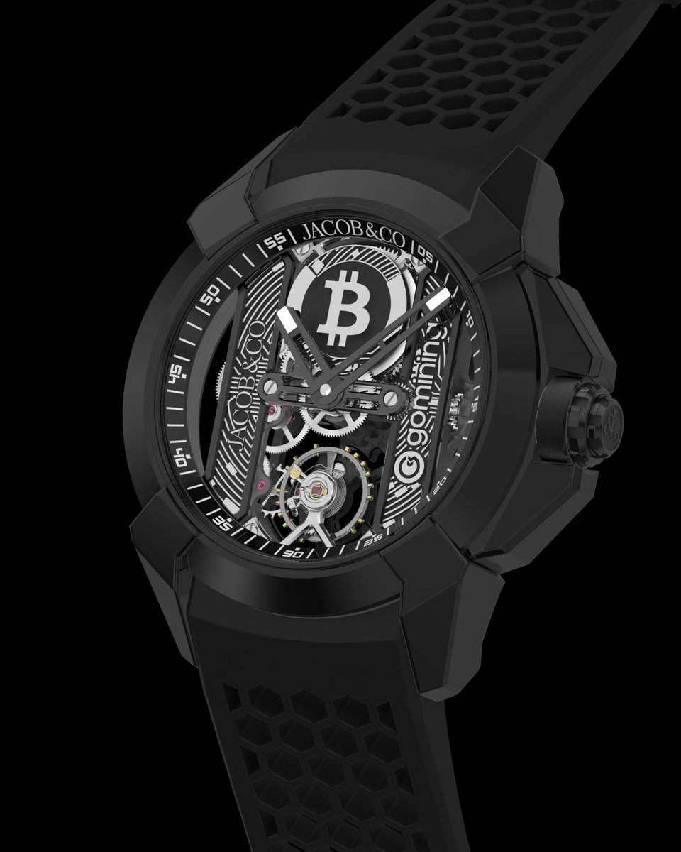 _Jacobandco's tweet image. Jacob &amp;amp; Co. and @GoMining_token introduce the Epic X GoMining — a limited-edition timepiece that merges Swiss mechanical craftsmanship with real Bitcoin-mining power.

Housed in a 44-mm black DLC titanium case, the openworked Epic X movement reveals bridges printed with a…
