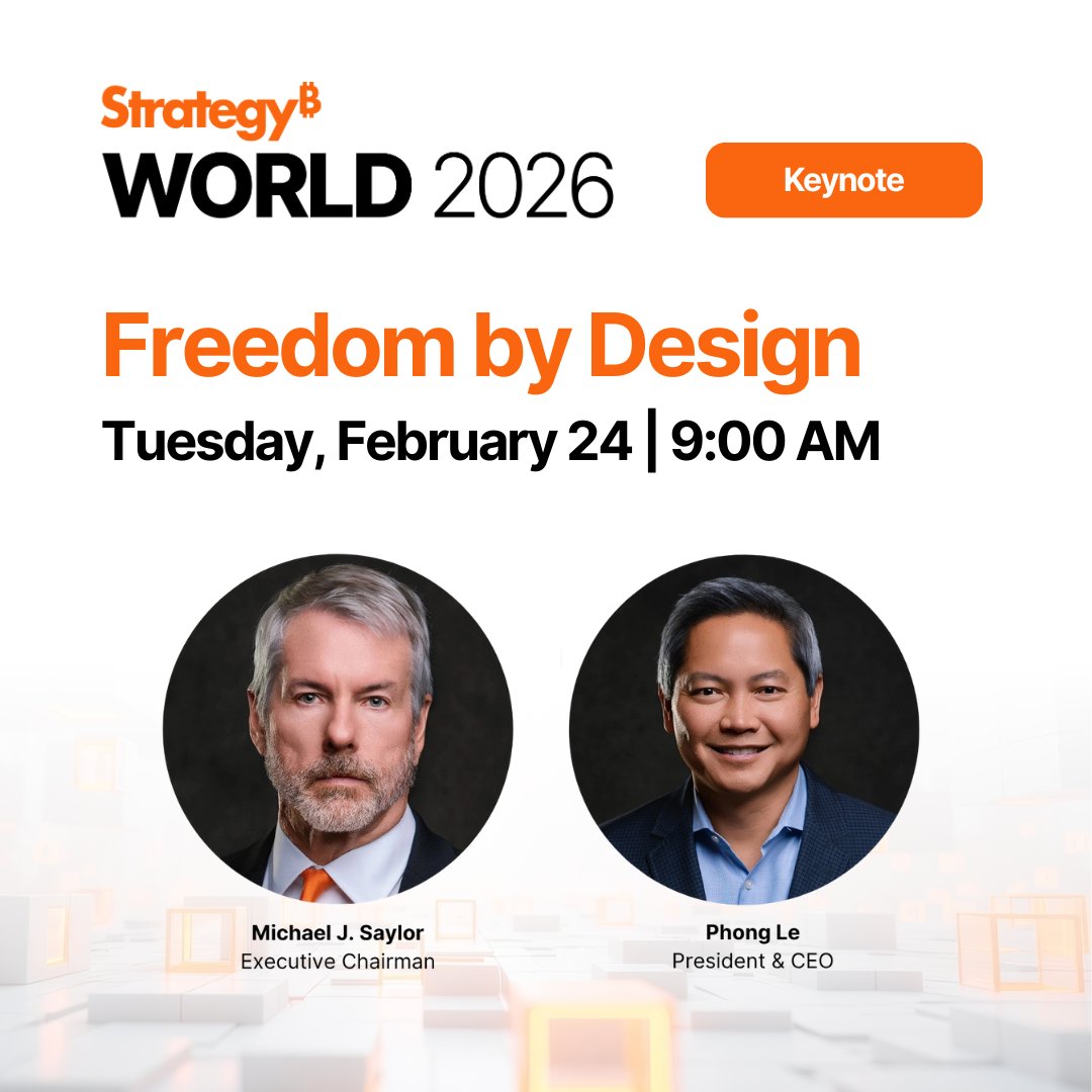 MicroStrategy's tweet image. 🎤 Strategy World 2026 Keynote: Freedom by Design

Phong Le and Michael J. Saylor share a bold vision for a new kind of enterprise built for sovereignty, independence, and long-term resilience.

👉 Register: strategysoftware.com/world26

#StrategyWorld26 #Keynote #EnterpriseInnovation