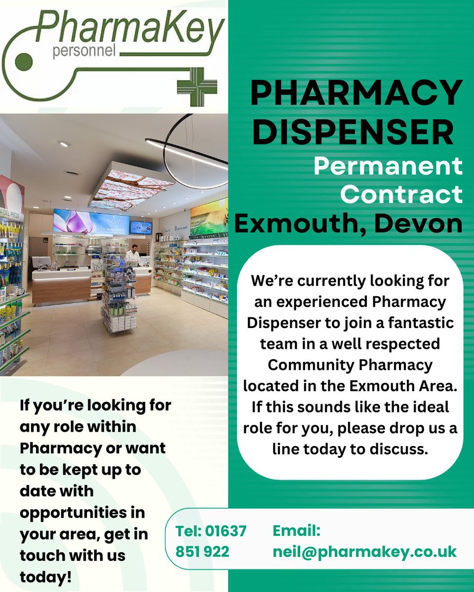 NEW JOB ALERT! We've a great new opportunity for a Pharmacy Dispenser in this lovely Devon location. Please get in touch asap if of interest to you or please do share if you know anyone it may suit! Thanks!

#pharmacyjobs #pharmacydispenser #dispenser #devonjobs #pharmacy