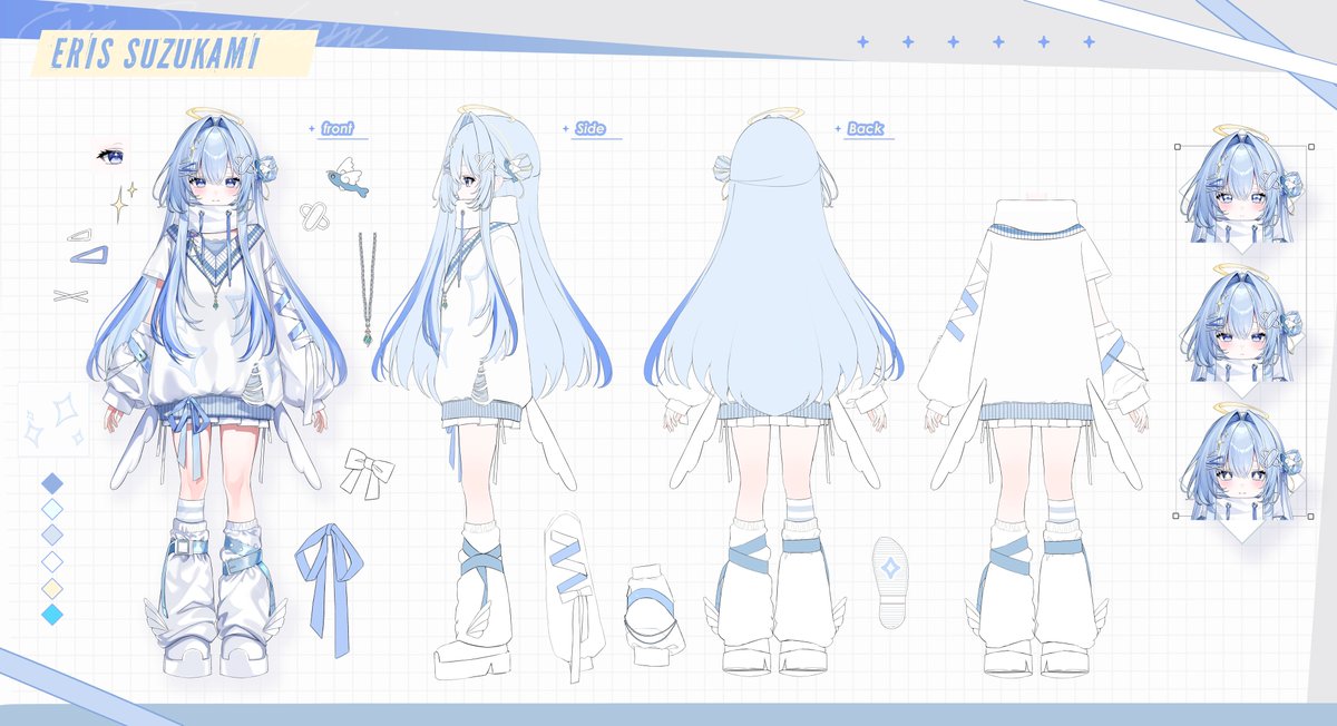 【Eris Suzukami Reference Sheet + Color Change】

 It's here!! Made by my wonderful mama-san,  <a href="/eumi_114/">Umi</a> 🫶 Thank you so much!! 
Also, from now on, my main color will be # 90B2F8 ! Thank you so much for your consideration! 🙇‍♂️

🎣 #VSPOEN #erissuzukami #erisFinart ☁️