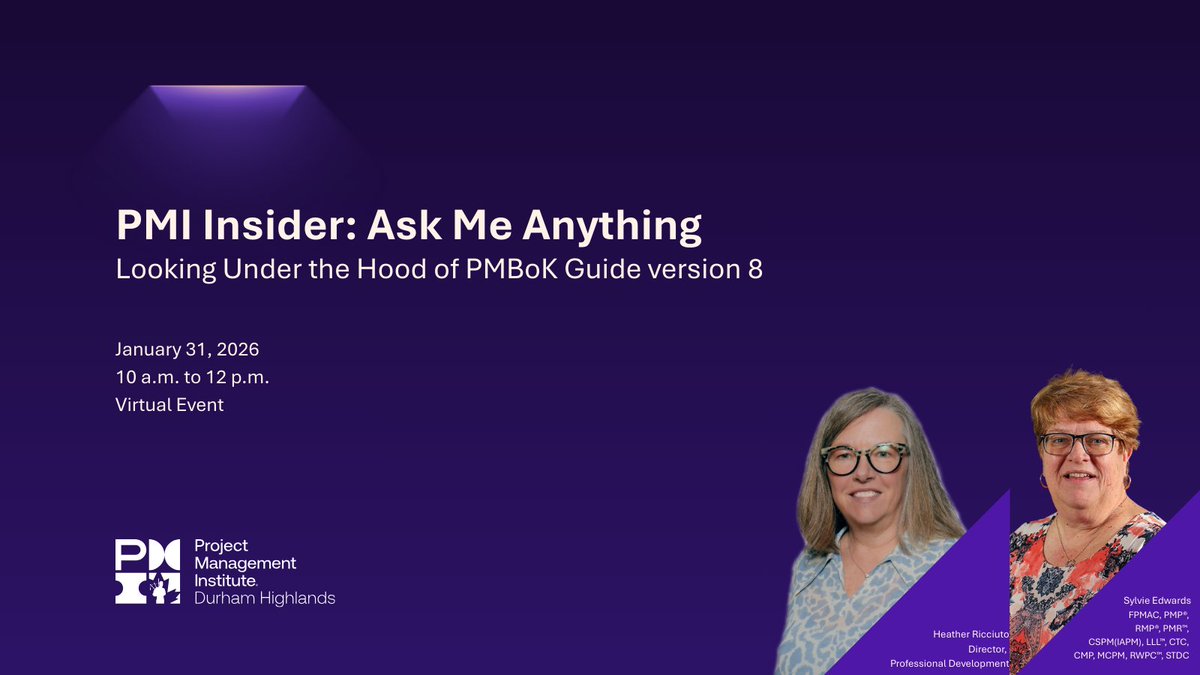 🚀 Curious for a closer peek at what’s in the PMBOK® Guide Version 8 today?

🎤 PMI-DHC member Sylvie Edwards offers her expert take on the newest updates.

📅 Jan. 31, 2026
⏰ 10-11 a.m.
📍 Virtual

Learn more here!: loom.ly/T76cVoY

#PMIDHC #DHCProud #PMBOK8 #PMP