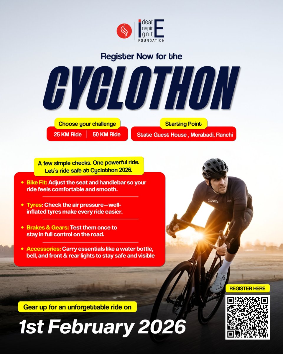 I3Foundation's tweet photo. Register now for #Cyclothon2026 and ride for fitness, safety &amp; community spirit!

📍 Morabadi, Ranchi | 🛣 25 KM &amp; 50 KM
🗓 1st Feb 2026

Scan the QR &amp; join the movement.
One ride. Endless inspiration. 🚲✨

#RideSafeRideStrong #RanchiEvents #CyclingForACause #i3Foundation https://t.co/aS8Vb0U35l