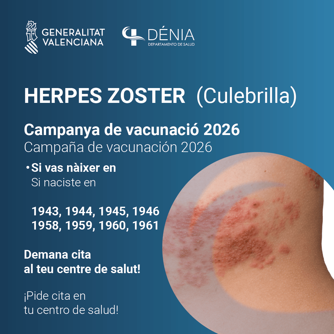 DeniaHospital's tweet photo. 📢 Campaña de Vacunación frente al Herpes Zoster 2026

Si naciste entre 1943 y 1946 o entre 1958 y 1961, ya puedes pedir cita en tu centro de salud para vacunarte contra el Herpes Zoster (culebrilla).

ℹ️ Más información en tu centro de salud.

#herpeszoster #tusalud #SaludDénia https://t.co/uVc5ZIxC5S