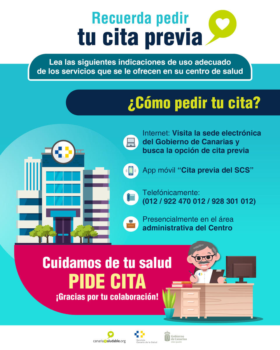 #CitaPrevia

Sigue las siguientes indicaciones para hacer un uso responsable de los servicios que ofrece su centro de salud.

¡La Sanidad Pública es responsabilidad de todos!

Para más información, accede al siguiente enlace:

bit.ly/Info-Cita-Prev…

<a href="/SanidadGobCan/">Sanidad Gobcan</a> <a href="/PresiCan/">Presidencia GobCan</a>