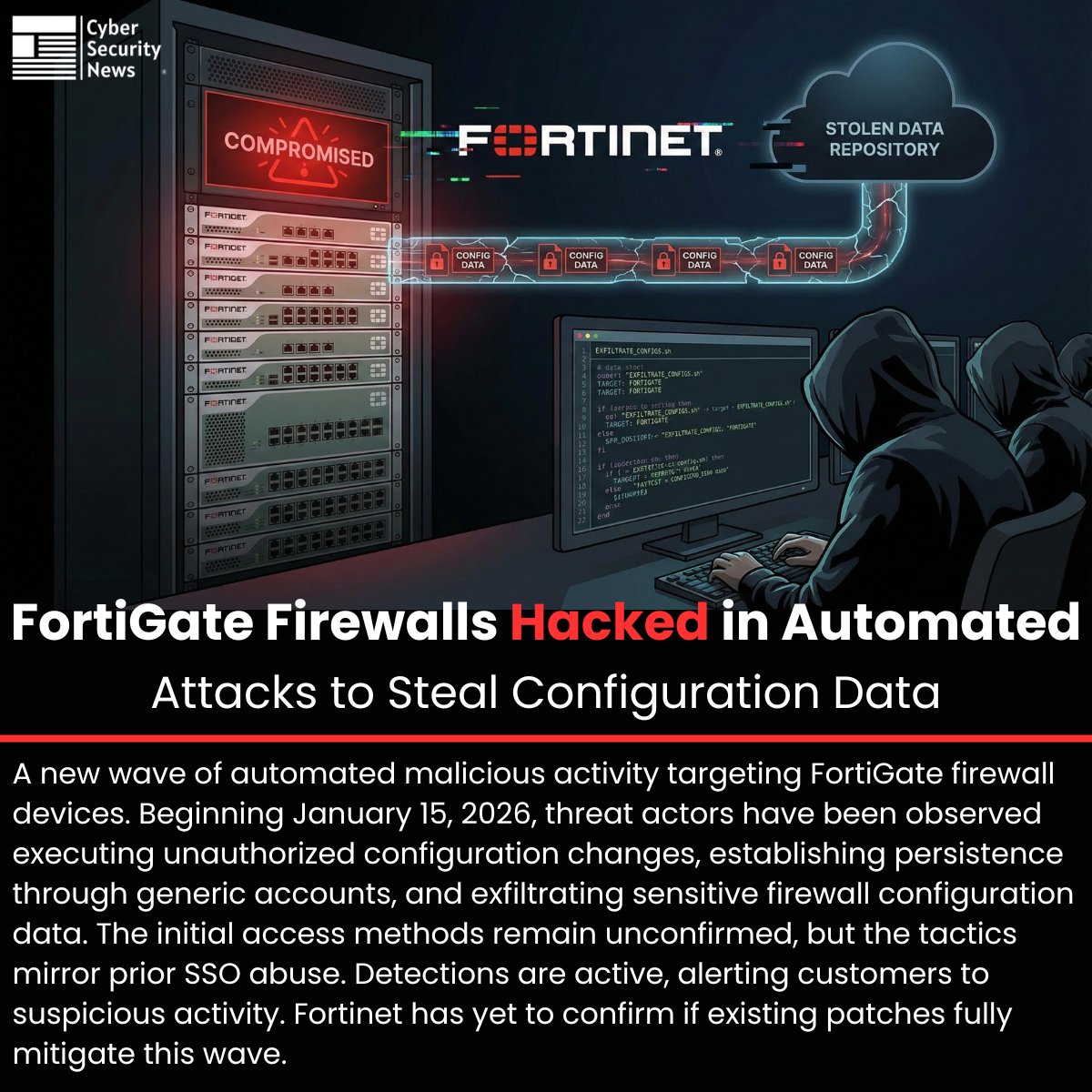 🚨 FortiGate Firewalls Hacked in Automated Attacks to Steal Configuration Data 

Source: cybersecuritynews.com/fortigate-fire…

A new wave of automated malicious activity targeting FortiGate firewall devices. Beginning January 15, 2026, threat actors have been observed executing unauthorized