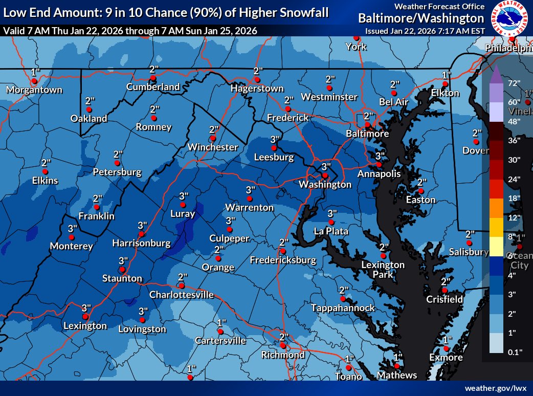 The National Weather Service (NWS) has issued a Winter Storm Watch and released its first maps that cover snowfall only until 7am Sunday. 

Maps that include projected snowfall for the whole storm will be out this evening.

Full article: mocoshow.com/2026/01/22/nws…