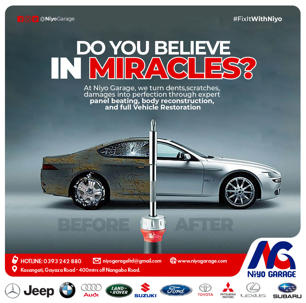 NiyoGarage's tweet image. Do you believe in miracles? At @NiyoGarage ,we turn dents, scratches &amp;amp; all sorts of car damages into perfection through expert #panelbeating, #bodyreconstruction &amp;amp; full vehicle #restoration—bringing your car back to life.💪😉#CallOrWhatsapp: 0757 001 002/0776 202 785. #Luganda