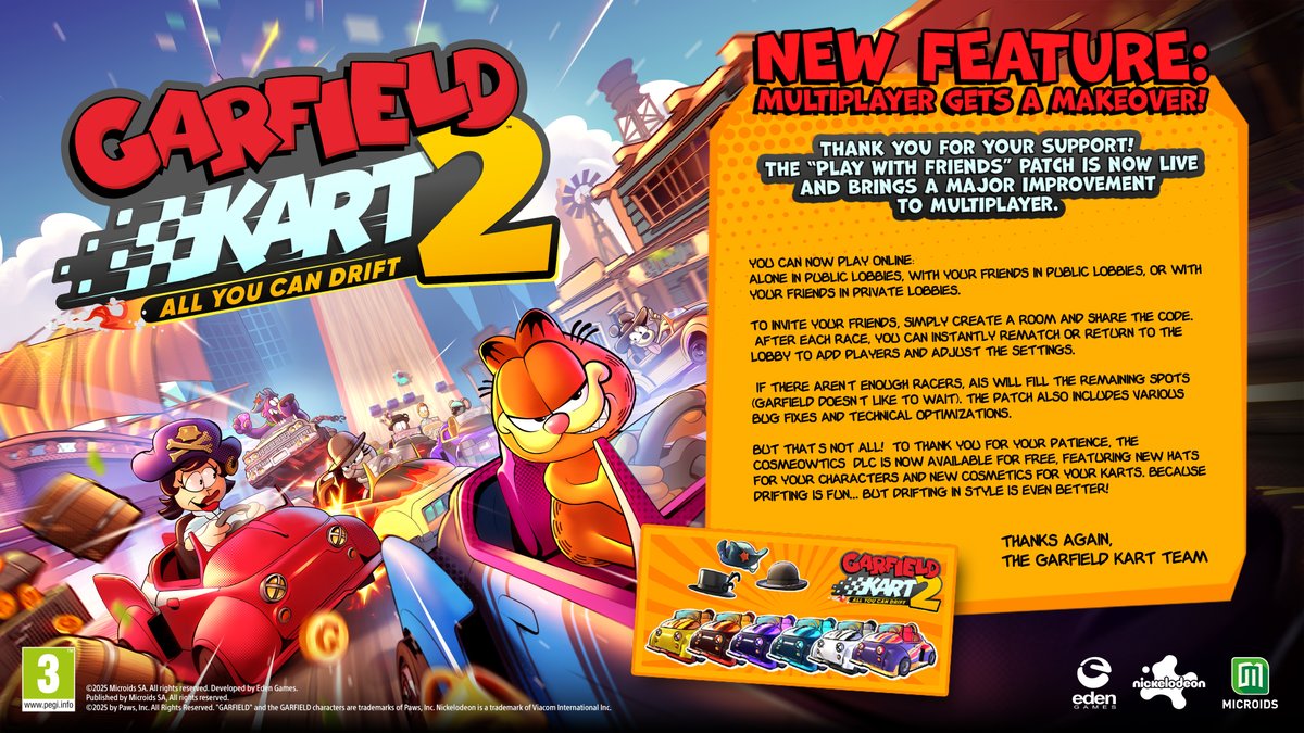 Microids_off's tweet photo. 🏎️ NEW FEATURE: Multiplayer Gets a Makeover in #GarfieldKart2! 🏎️

The "Play With Friends" patch is live:
😻 Private Lobbies
😻 Instant Rematch

🎁 But that's not all: The Cosmeowtics DLC is FREE!

Start drifting in style with friend now on @Steam &amp; @EpicGames 😎 https://t.co/VEZNAONVBN