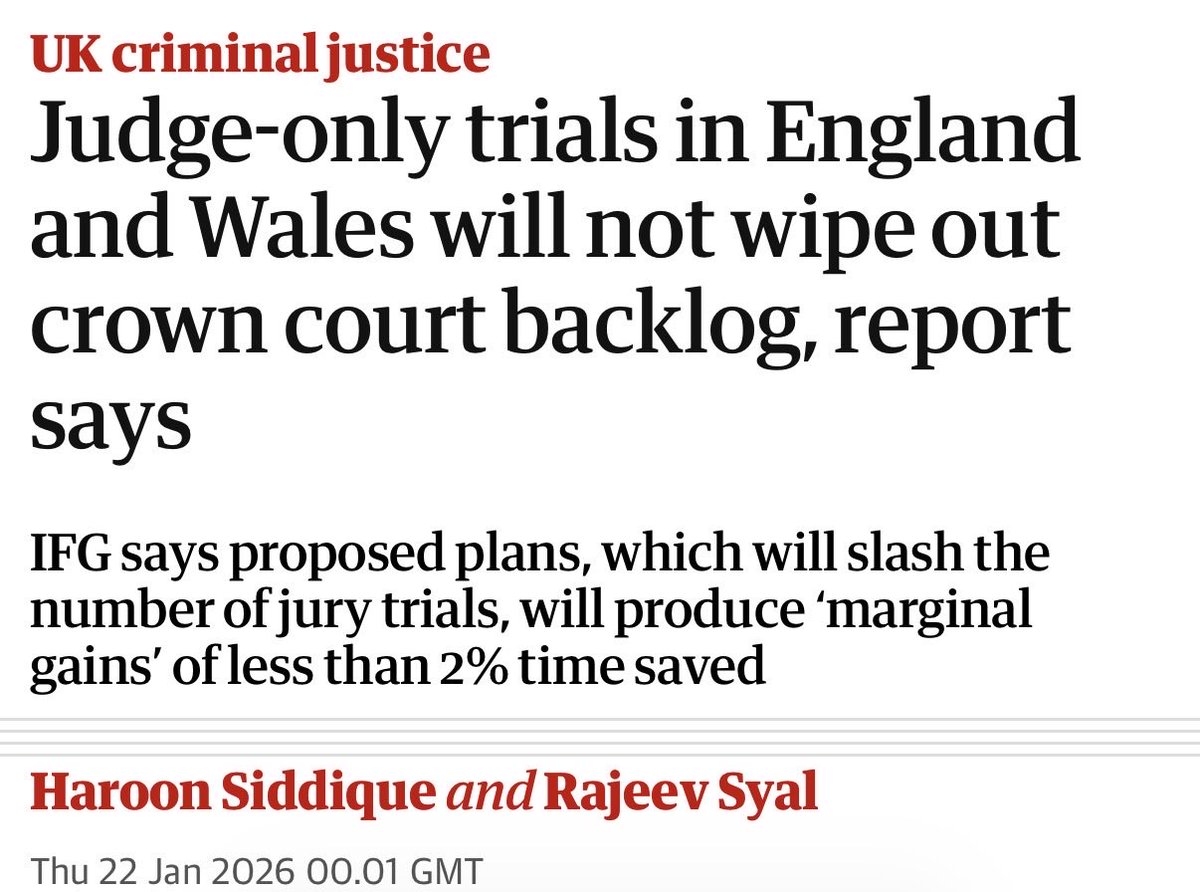 SpeechUnion's tweet image. David Lammy has said his sinister plan to slash our right to jury trials is needed to solve the backlog of more than 80,000 cases in the Crown Court.

But that’s not true, is it @DavidLammy?

The Institute for Government (IfG) has said in a new report that Lammy’s controversial…