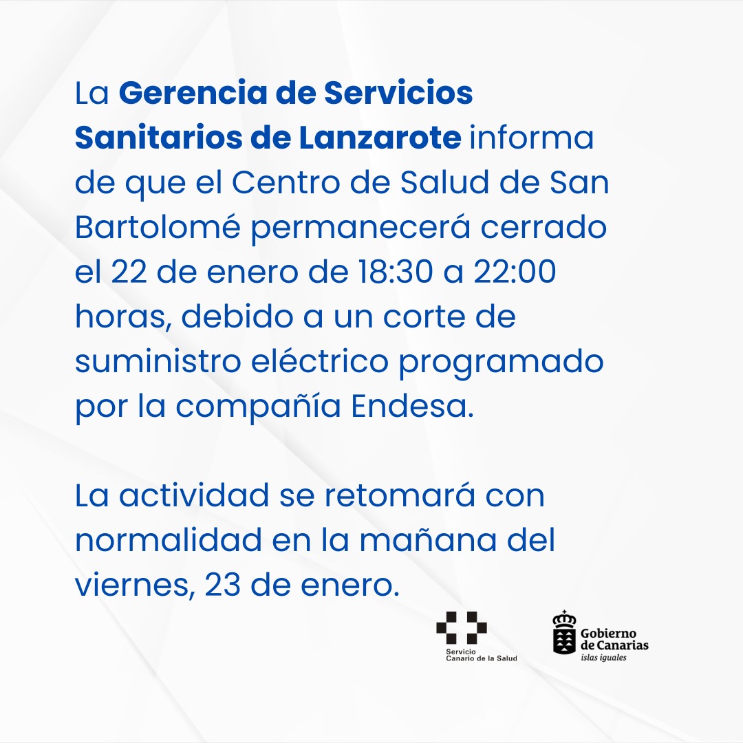 ⚠️El Centro de Salud de San Bartolomé suspende  parcialmente la actividad de esta tarde por un corte de suministro eléctrico

(sigue ⬇️)