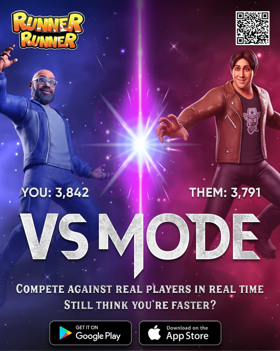 PlayRunnerRun's tweet photo. Itroducing the Vs Mode!

Think you're fast? Prove it!
Challenge real players in REAL TIME and see if you're faster &amp; better!

#RunnerRunner #VsMode #RealTimeRacing  #GameOn #MobileGaming #RunnerGame #MultiplayerMode #GamingCommunity #AppStore #GooglePlay #GameTime #multiplayer https://t.co/G5zuhYOeRg