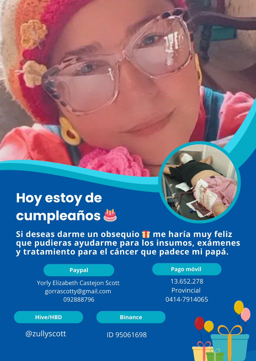 Hoy <a href="/zullycscott/">🌈Zully Scott🦋</a> está de cumpleaños 🎂 pero no quiere celebrarlo, han sido días largos al cuidado de su padre.  Si deseas darle un obsequio podrías colaborar apoyándola a cubrir los gastos médicos de su papá.