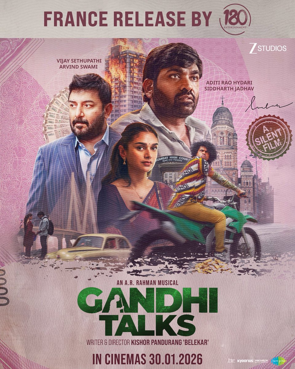 Le silence en dit plus que les mots…🤫

#GandhiTalks avec #VijaySethupathi, #ArvindSwamy &amp; #AditiRaoHydari.
Une comédie noire où chaque geste raconte une histoire. 💸🤫
Musique par #ARRahman 🎶 

France Sortie par @180entertainment_ 
🎬 En salles à partir du 30 janvier 2026