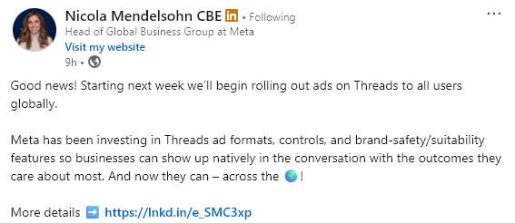 rokhladnik's tweet photo. Ads on Threads will begin to roll out globally next week https://t.co/QFEHpCfJGD