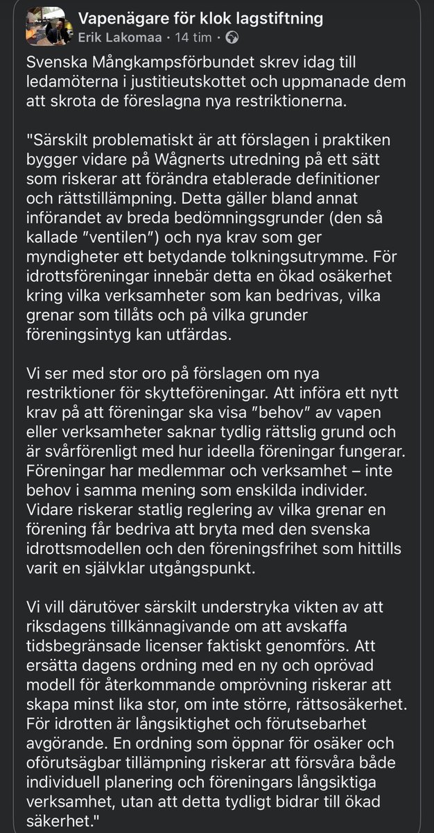 Svenska Mångkampsförbundet varnar politikerna om att ändringarna i vapenlagen (lagrådsremissen) hotar sportskyttet. På flera plan. 

Bra skrivet! 👏🏻