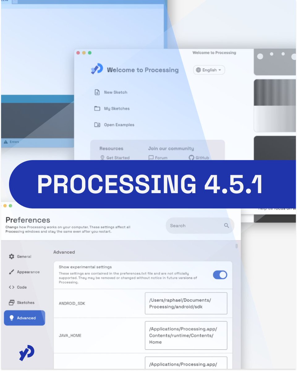ProcessingOrg's tweet image. Processing 4.5.1 is officially out! @ProcessingCore 

New Welcome and Preferences screens with refreshed UI, built-in accessibility support, searchable and categorized preferences &amp;amp; more.

🔗Check out the release overview: bit.ly/49Vy0Xw