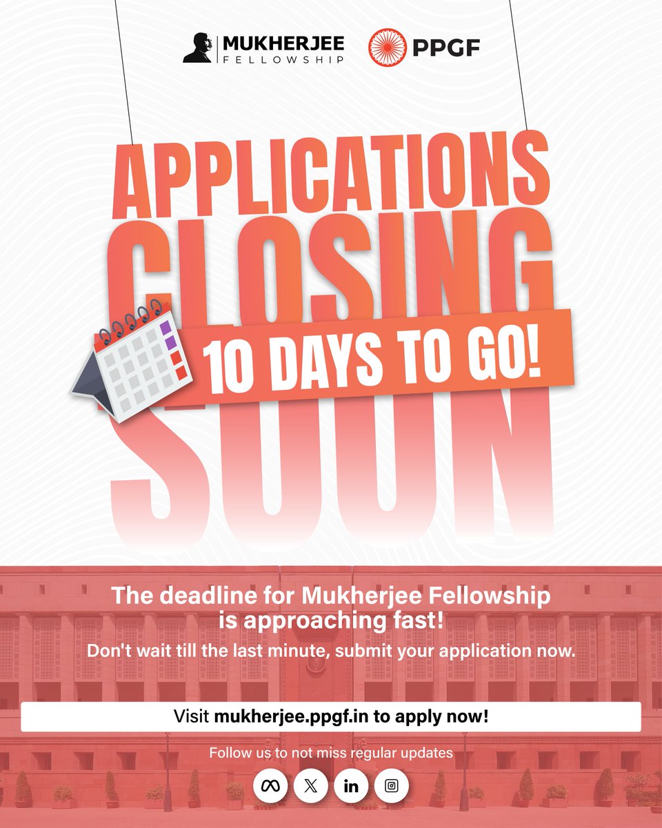 The Mukherjee Fellowship is here offering you hands-on exposure to how decisions are made and implemented.
Applications for the 2026–27 cohort will be closing soon.
The deadline is approaching. Apply now!
#MukherjeeFellowship #PublicPolicy #ApplyNow #ApplicationsClosing