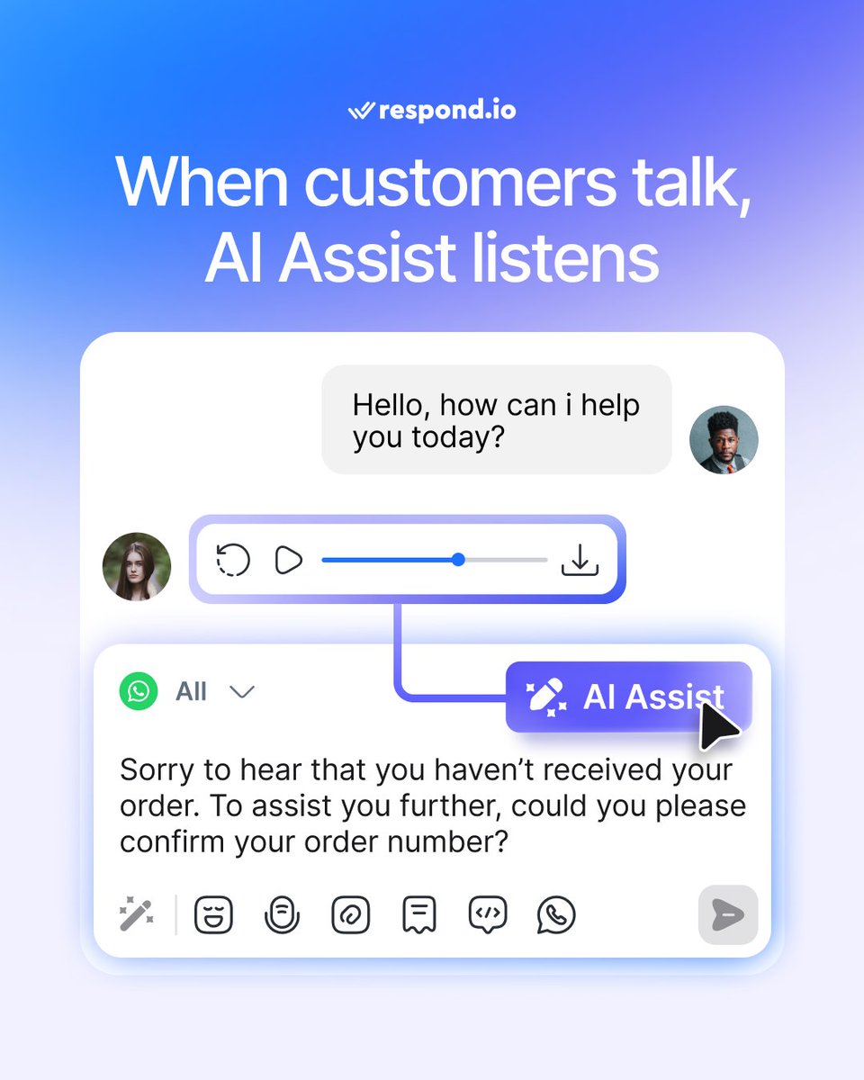 respond_io's tweet photo. Voice notes can carry a lot of context. 🎧

Now AI Assist understands audio, so replies stay just as sharp when customers speak instead of type. 🗣️

Nothing missed. Stronger replies.

Learn more here 👉 https://t.co/qlx3S4IBVQ https://t.co/Cfl317j8yA