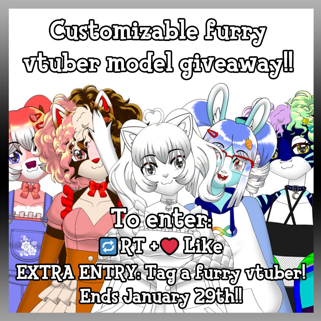 🎉 FURRY VTUBER MODEL GIVEAWAY!!🎉
Win a FREE copy of my customizable furry VTuber model! Beginner-friendly and furry-focused!

Enter:  
-🔁 RT+❤️Like
- Extra entry: Tag a furry VTuber!  

Ends Jan 29th!
Buy now: 𝕙𝕥𝕥𝕡𝕤://𝕧𝕘𝕖𝕟.𝕔𝕠/𝕝𝕒𝕕𝕪𝕡𝕚𝕩𝕖𝕝𝕙𝕖𝕒𝕣𝕥/𝕤𝕙𝕠𝕡