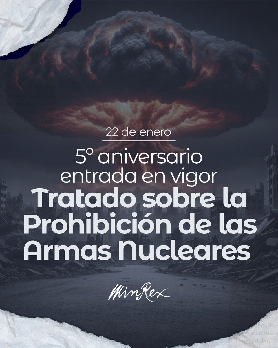 A 5 años de la entrada en vigor del TPAN, primer tratado que prohíbe las armas nucleares, ratificamos nuestra postura firme y coherente a favor del desarme nuclear total como necesidad urgente e impostergable.

#Fidel: "Todo lo que sirva para hacer la guerra, debía desaparecer”.