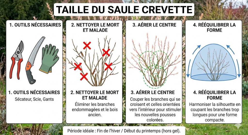 Voici les étapes clés pour une taille parfaite du saule crevette : 1. outils nécessaires, 2. nettoyage, 3. aération et 4. équilibrage. #SauleCrevette #Jardinage